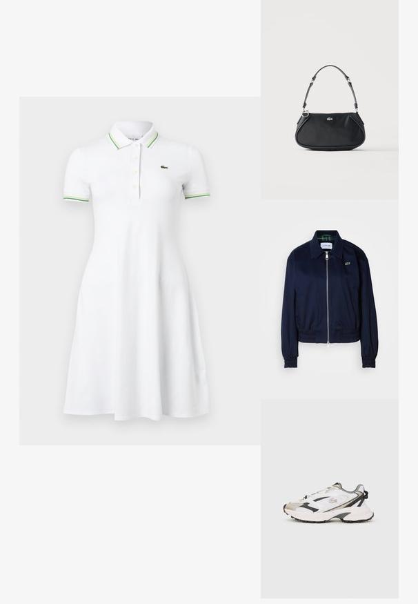 Veste courte bleu marine en tissu lisse, dotée d'une fermeture éclair sur le devant, de poignets élastiqués et d'un logo discret sur la poitrine.; Robe polo blanche à manches courtes avec col et poignets rayés verts, patte de boutonnage et petit logo crocodile vert sur la poitrine.; Baskets blanches et grises avec un dessus en mesh, accents noirs et semelle texturée. Comprend des lacets, un logo et des éléments de design contrastants.; Sac d'épaule noir avec sangle réglable, fermeture éclair et petit logo crocodile argenté au centre devant.