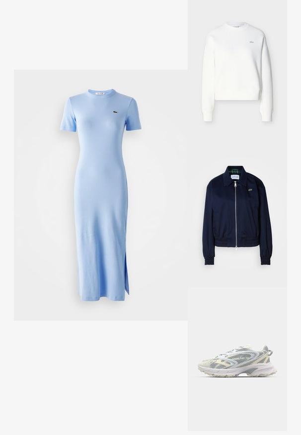 Navyblauwe cropped jas van gladde stof, met een ritsopening aan de voorkant, elastische manchetten en een subtiele logo op de borst.; Witte cropped sweatshirt met een ronde hals, een losse pasvorm en een subtiele logo-borduursel op de borst. Gemaakt van zachte, gestructureerde stof.; Lichtblauwe midi-jurk met korte mouwen en ribbelstructuur, voorzien van een ronde hals en een klein groen logo op de linker borst, met een zijsplit aan de zoom.; Athletische schoen van mesh in grijs en crème, met een gestructureerd bovenwerk, versterkte neus en een lichtgekleurde, robuuste buitenzool voor grip.