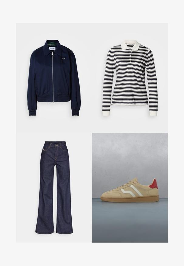 Navyblauwe cropped jas van gladde stof, met een ritsopening aan de voorkant, elastische manchetten en een subtiele logo op de borst.; Poloshirt met lange mouwen met marineblauwe en witte strepen, gemaakt van katoen, drieknopsbies en geribbelde manchetten. Klassiek kraagontwerp.; Donkerblauwe wijde jeans van denimstof met een hoge taille, voorzien van oranje stiksels, een vijf-pocket ontwerp en een knoopsluiting.; Beige suède sneaker met een rood accent op de hiel, witte strepen en een getextureerde, lichtbruine rubberen zool. Heeft veters en een glad interieur.