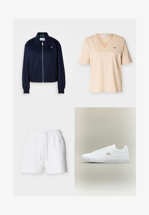 Veste courte bleu marine en tissu lisse, dotée d'une fermeture éclair sur le devant, de poignets élastiqués et d'un logo discret sur la poitrine.; T-shirt beige à col en V et manches courtes, avec petit logo crocodile vert sur le côté gauche de la poitrine, présenté sur un fond uni.; Shorts à taille élastique blanche avec cordon de serrage, ourlet droit et petit logo sur le côté droit.; Baskets blanches en cuir lisse avec un embout arrondi, des lacets plats et un petit logo doré. Présente une semelle en caoutchouc texturée et un design sobre.