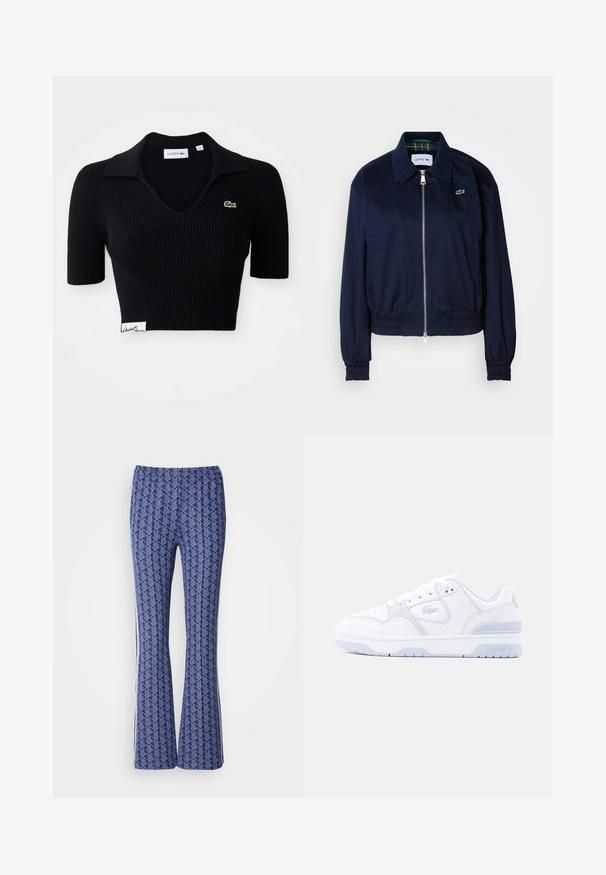 Navyblauwe cropped jas van gladde stof, met een ritsopening aan de voorkant, elastische manchetten en een subtiele logo op de borst.; Zwarte cropped poloshirt van ribstof met een V-hals, korte mouwen en een groen geborduurd logo op de linkerborst. Witte label aan de zoom.; Blauwe, gepatineerde broek met een geometrisch ontwerp, elastische tailleband en witte strepen aan de zijkanten. Glad oppervlak overal.; Witte lage Lacoste sneaker met gestikte details, veters, geperforeerde neus en gebosseleerd krokodillenlogo op de zijkant en zool.