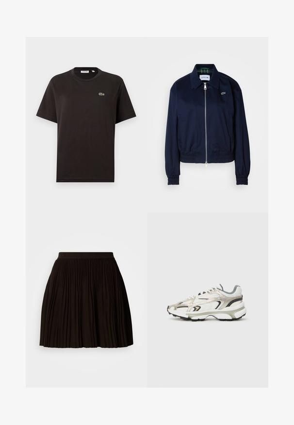 Veste courte bleu marine en tissu lisse, dotée d'une fermeture éclair sur le devant, de poignets élastiqués et d'un logo discret sur la poitrine.; T-shirt en coton noir avec un col rond, des manches courtes, et un petit logo Lacoste vert sur le côté gauche de la poitrine. Texture douce, coupe décontractée.; Jupe plissée noire avec une surface texturée, dotée d'une large ceinture élastique. Le design présente des plis verticaux pour un look structuré.; Baskets volumineuses en blanc, gris et argent métallique avec des panneaux texturés. Comprend une épaisse semelle en caoutchouc noir et un design d'overlay distinctif.