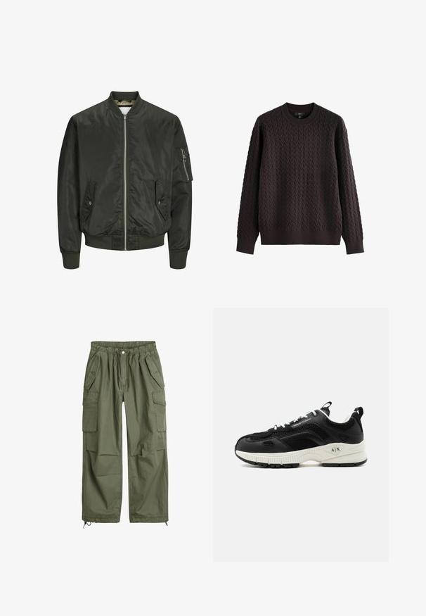 Chaqueta bomber verde oscuro hecha de nylon suave, con cierre frontal de cremallera, dos bolsillos laterales y un bolsillo adicional con cremallera en la manga.; Suéter marrón de punto con un patrón texturizado, cuello redondo y mangas largas. Los puños y el dobladillo son acanalados para un ajuste ceñido.; Pantalones cargo verde oliva con cinturilla elástica, cordón, múltiples bolsillos laterales y puños ajustados. Hechos de un material de algodón duradero.; Zapatilla negra y blanca de Armani Exchange con paneles de malla, cordones blancos y una suela gruesa con el logotipo A|X en el talón.