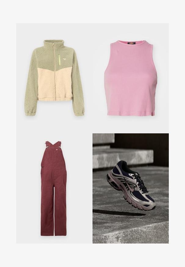 Tofarvet grøn og beige fleecetakjole med fuld lynlås foran, høj krave, elastiske manchetter og lynlåslomme på brystet.; Rosa ribbet crop top med rund halsudskæring og ærmeløs design. Har en kant, der slutter lige over taljen.; Vinsmænds overalls lavet af bomuld, med krydsede rygstropper, forlommer og metalhardware-accenter. Glat tekstur og afslappet pasform.; Nike løbesko i sort og grå med pink accenter, svævende over en betonoverflade og trin i et skyggefuldt udendørsmiljø.