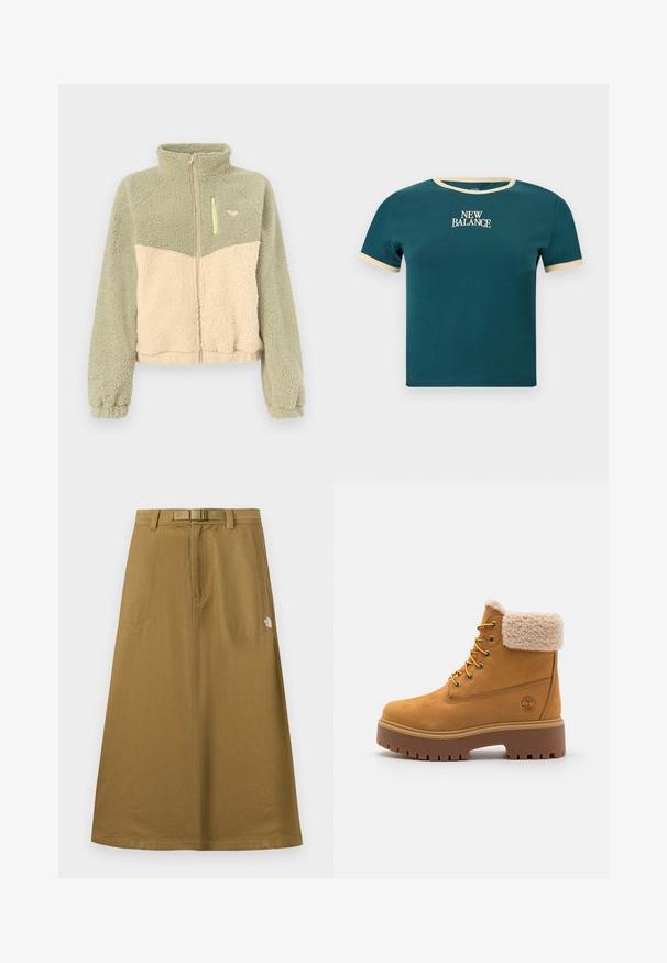 Tofarvet grøn og beige fleecetakjole med fuld lynlås foran, høj krave, elastiske manchetter og lynlåslomme på brystet.; Kortærmet T-shirt i blågrøn med beige kant på krave og ærmer, med teksten "NEW BALANCE" centreret på brystet.; Lang, lysebrun udendørsskjørt med forlommer, integreret bælte og The North Face-logo på højre side.; Tan ruskindsstøvle med en kunstig pelskrave, gyldne øjer og en kontrasterende gummisål. Har et logo på siden og struktureret sål.