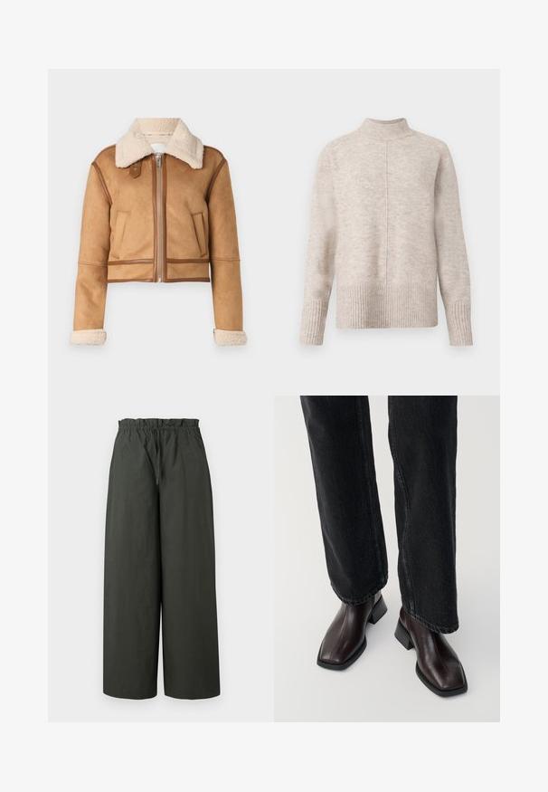 Veste courte en daim marron avec un col en fourrure, fermeture éclair à l'avant et deux poches latérales. Détails avec des accents cousus et des poignets.; Pull beige clair avec un col montant, présentant un tricot texturé, un ourlet et des poignets côtelés, et une couture centrale courant verticalement sur le devant.; Pantalons à jambe large en tissu vert foncé, dotés d'une taille élastique et d'une texture lisse, sans matériel ou motifs visibles.; Bottines en cuir marron avec un orteil carré et un talon carré, associées à un jeans noir à jambes larges. Texture lisse et design minimaliste.