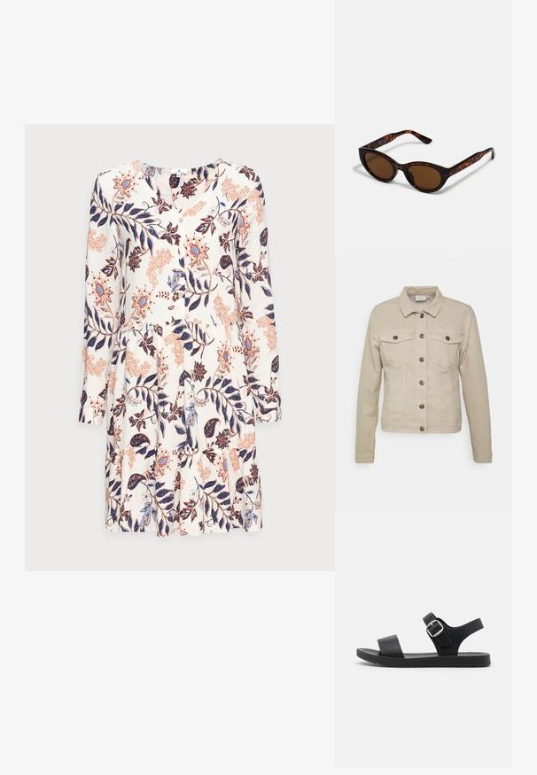 Beige denimjack met een kraag, twee borstzakken en zwarte knoopsluiting. Kenmerkt zich door gestikte details en een getailleerde pasvorm.; TOM TAILOR DRESS WITH FLOUNCE - Jurk - white; Zwarte sandaal met een platte zool, een verstelbare gesp, twee brede banden en een zachte textuur, ontworpen voor comfort en gemakkelijke draagbaarheid.; Bruine schildpad zonnebril met een vintage cat-eye vorm en bruine lenzen. Heeft gebogen armen met rode accenten.