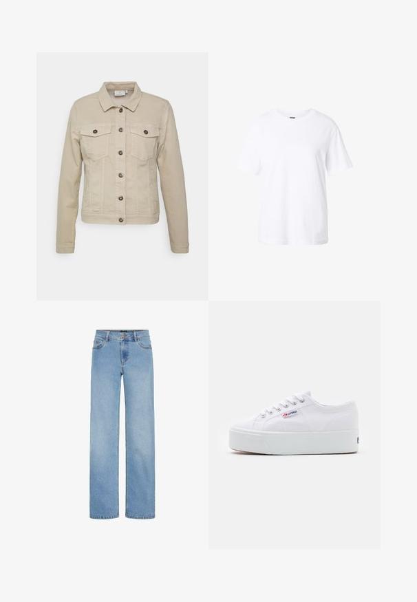 Beige denimjakke med krave, to brystlommer og sorte knaplukninger. Har syede detaljer og en tætsiddende silhuet.; Enkelt hvid t-shirt med korte ærmer og rund hals, afslappet pasform og lille label inde i kraven.; Lys blå, vide jeans lavet af denim. Har en standard talje, forlommer og en lynlås med knaplukning.; Hvide canvas sneakers med en tyk hvid platformssål, rund tå og metaløjelets til snørebånd. Mærkets logo præsenteret på siden.