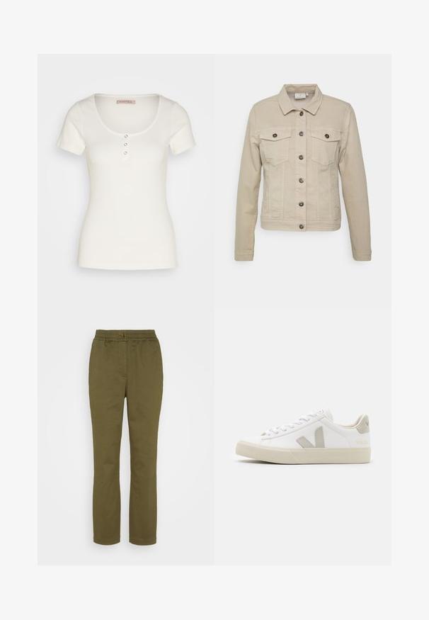 Veste en denim beige avec un col, deux poches poitrine et des boutons noirs. Présente des détails cousus et une silhouette ajustée.; Haut blanc à manches courtes à côtes, avec un décolleté arrondi, doté de trois boutons décoratifs à l'avant. Texture lisse, design ajusté.; Pantalon vert olive avec une taille élastique, poches avant et coupe droite. Fabriqué en coton léger et doux.; Baskets blanches en cuir avec des accents gris en forme de V, semelle en caoutchouc texturé, lacets blancs, et languette et col rembourrés.