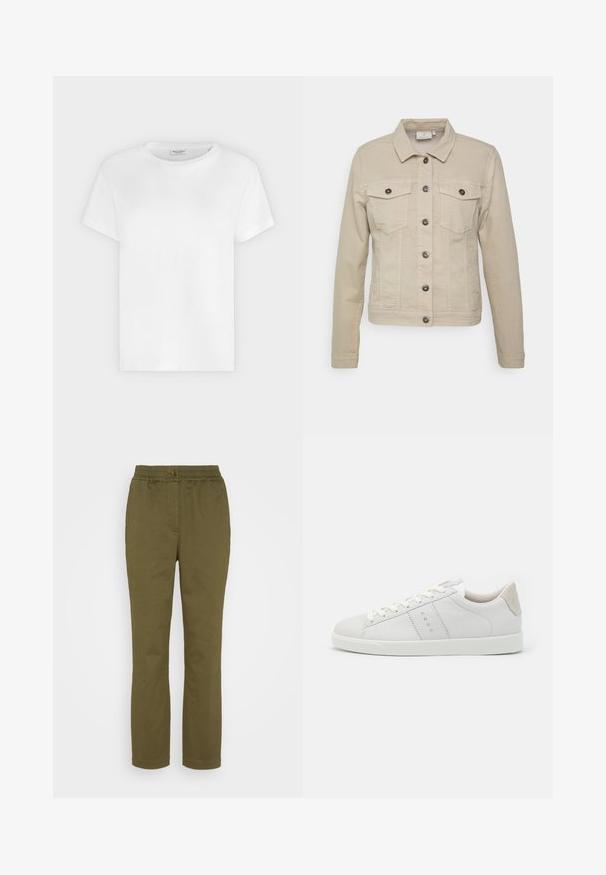 Beige denimjakke med krave, to brystlommer og sorte knaplukninger. Har syede detaljer og en tætsiddende silhuet.; Hvid T-shirt med korte ærmer og rund hals med synligt Marc O’Polo-mærke inde i kraven mod en ensfarvet baggrund.; Olivenfarvede bukser med elastisk talje, forlommer og lige ben-design. Fremstillet af blødt, letvægts bomuldsstof.; Hvide lædersneakers med en glat overflade, rund tå, flade snørebånd og en beige læderhælflap. Tekstureret indre og minimalistisk design.