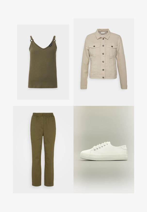 Beige denimjakke med krave, to brystlommer og sorte knaplukninger. Har syede detaljer og en tætsiddende silhuet.; Khakigrøn ribbet tanktop med V-hals, tynde stropper og små metalringe, der forbinder stropperne til toppen, vist på en ensfarvet baggrund.; Olivenfarvede bukser med elastisk talje, forlommer og lige ben-design. Fremstillet af blødt, letvægts bomuldsstof.; Hvid lavtop sneaker med hvide snørebånd og gummisål vist fra siden på en neutral baggrund.