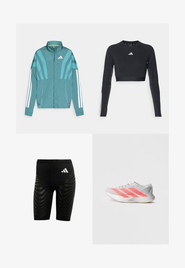 Teal atletisk jakke med lynlås foran, høj krave, tre hvide striber på ærmerne og lagdelte designdetaljer. Letvægtsstof.; Sort cropped træningstop med lange ærmer lavet af glat stof. Har et hvidt logo på brystet og stribede detaljer på ærmerne.; Sorte sportsbukser med et tekstureret design, der har bølgede striber. Hvidt logo på taljen, lavet af fugttransporterende materiale.; Grå atletisk sko med lysende pink striber, letvægts mesh-overdel, reflekterende accenter og tekstureret sål for greb.