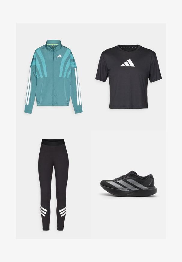 Veste de sport teal avec fermeture éclair sur le devant, col montant, trois bandes blanches sur les manches et des détails de design superposés. Tissu léger.; T-shirt noir court en tissu lisse, avec un logo Adidas blanc sur la poitrine, un col rond et des manches courtes.; Leggings noirs en tissu extensible, dotés d'une large taille élastique et de trois rayures blanches horizontales près des bas des jambes.; Chaussure de course noire avec des rayures argentées, semelle épaisse rembourrée étiquetée "Lightstrike Pro," vue de côté sur fond blanc.