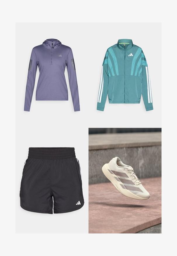 Veste de sport teal avec fermeture éclair sur le devant, col montant, trois bandes blanches sur les manches et des détails de design superposés. Tissu léger.; Haut de sport long à manches violettes avec capuche, fermeture éclair quart et trois rayures noires verticales sur chaque manche. Réalisé en tissu texturé et respirant.; Shorts de sport noirs avec une taille élastique, des poches latérales et des accents de rayures blanches sur les côtés. Fabriqués en matériau léger.; Chaussure de course couleur crème avec des rayures taupe flottant au-dessus d'une surface carrelée rouge-brun et d'un fond en pierre grise.