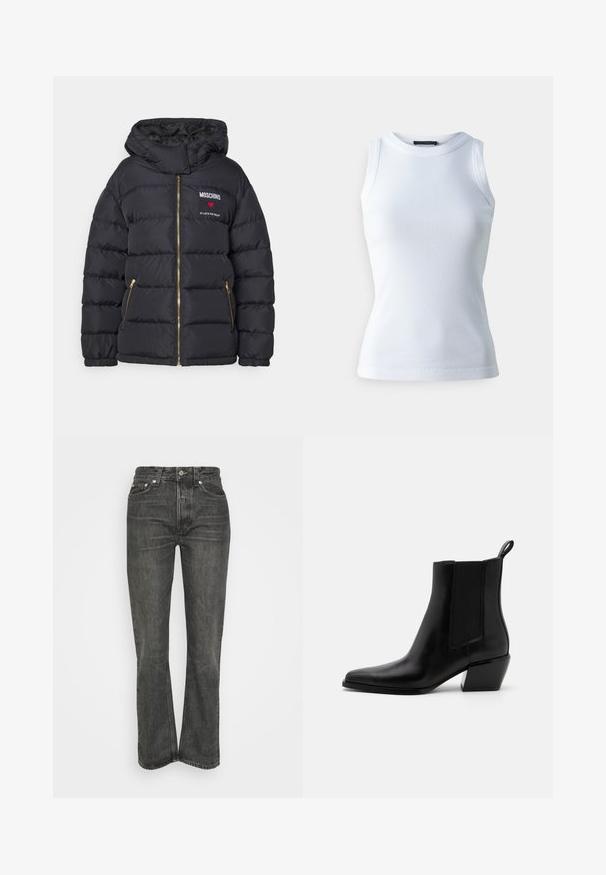 Schwarze Steppjacke mit Kapuze, goldenen Reißverschlüssen und gesticktem Text "MOSCHINO" mit einem Herz. Darunter steht "IN LOVE WE TRUST".; Weißes ärmelloses Oberteil aus geripptem Stoff, mit rundem Halsausschnitt und figurbetonter Silhouette. Glatte Textur, keine sichtbaren Muster oder Akzente.; Schwarze hochtaillierte Jeans mit geradem Bein. Merkmale das klassische Fünf-Taschen-Design und silberne Hardware. Strukturierter Denim-Stoff.; Schwarze Leder-Stiefeletten mit spitzem Zeh, elastischen Seitenpanelen und einem niedrigen Blockabsatz. Mit einer Zuglasche an der Ferse für ein einfaches An- und Ausziehen.
