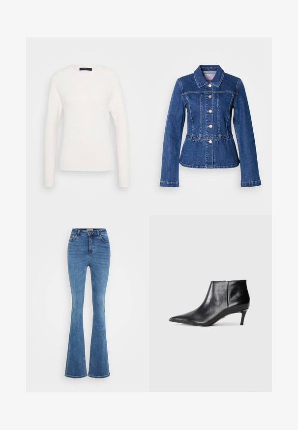 Veste en denim avec une taille cintrée, manches longues, col et boutons argentés. Présente une teinte bleu foncé et des coutures structurées.; Pull blanc à manches longues avec col rond, doté de poignets et d'un ourlet côtelés, présenté sur un fond gris clair uni.; Jean en denim évasé couleur bleu clair avec cinq poches, une fermeture à bouton à l'avant et des coutures contrastantes. Le tissu présente une texture lisse.; Botte de cheville en cuir noir avec un bout pointu et un talon moyen élancé, présentée en profil latéral sur fond blanc.