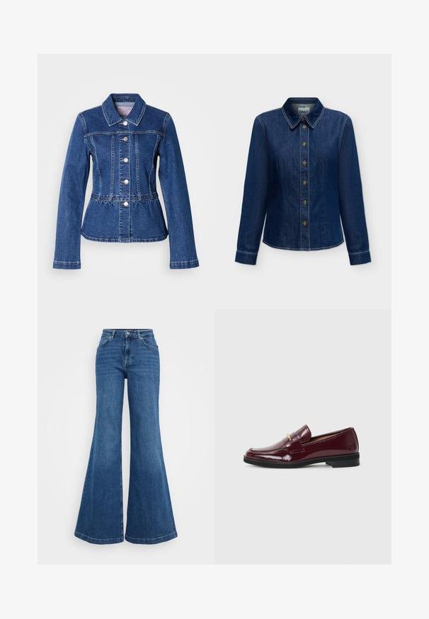 Jeansjacke mit tailliertem Schnitt, langen Ärmeln, Kragen und silbernen Knöpfen. Verfügt über eine dunkelblaue Waschung und strukturierte Nähte.; Dunkelblaues Denim-Hemd mit langen Ärmeln, Knopfleiste vorne und Kragen, sichtbaren Nähten und Markenlabel innen am Kragen.; Blaue Schlagjeans aus Denim mit hoher Taille, die ein klassisches Fünf-Taschen-Design und eine glatte Textur aufweisen. Der Saum ist weit und verarbeitet.; Burgunderfarbene Lackleder-Lederschuhe mit rundem Zehenbereich, verziert mit einem dekorativen Riemen und goldenen Akzenten, auf einer schwarzen Gummisohle.