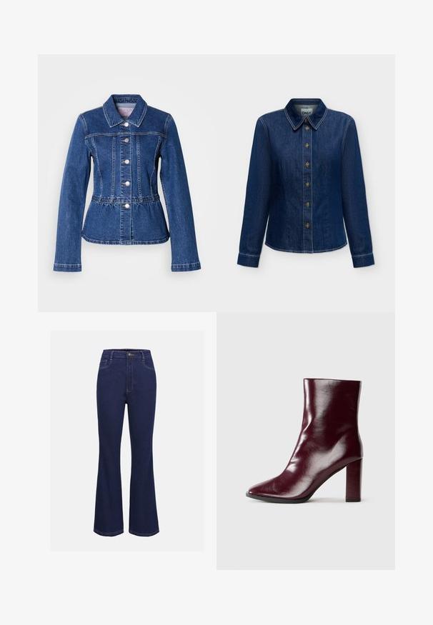 Denimjakke med figursyet talje, lange ærmer, krave og sølvfarvede knapper. Har en mørkeblå vask og strukturerede syninger.; Mørkeblå denim langærmet skjorte med knapper foran og krave, synlige syninger og mærkelabel inde i nakkestykket.; Mørkeblå denim flared jeans med høj talje, standard knaplukning og forlommer. Har kontraststing og en glat tekstur.; Skinnende mørk bordeaux læderstøvle til midt på læggen med spids tå og blokeret høj hæl på neutral baggrund.