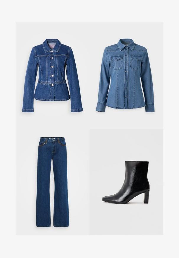 Jeansjacke mit tailliertem Schnitt, langen Ärmeln, Kragen und silbernen Knöpfen. Verfügt über eine dunkelblaue Waschung und strukturierte Nähte.; Langärmeliges blaues Denimhemd mit spitzem Kragen, Knopfleiste vorne und zwei Brusttaschen mit Klappen und Knöpfen.; Blaue Jeans im Schlagstil aus Denim mit kontrastierenden Nähten, Fünf-Taschen-Design und Reißverschluss. Der Stoff hat eine weiche Textur mit leichten Verblassungen.; Schwarze Knöchelstiefel aus glänzendem Leder mit spitzem Zustand und mittelhohem Blockabsatz, mit glatter Textur und einfachem Design.