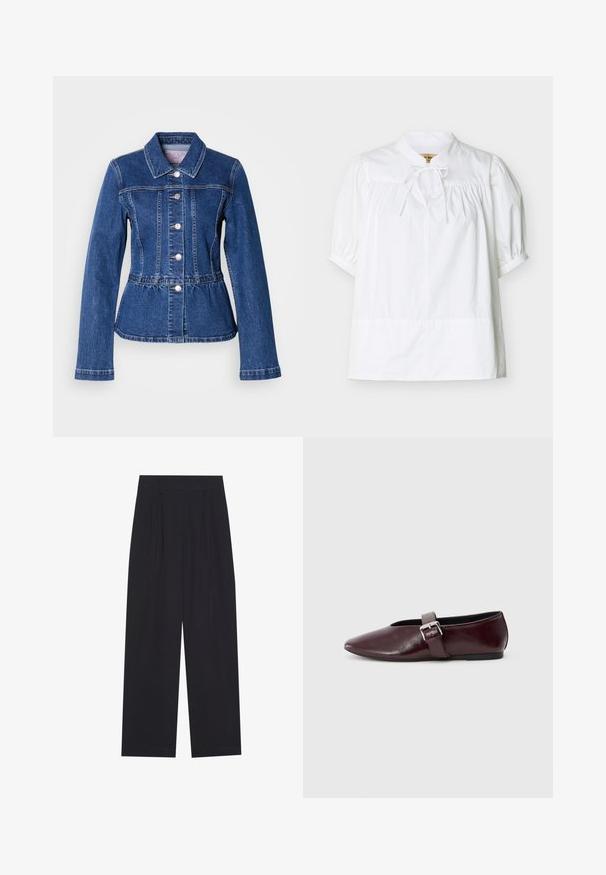 Jeansjacke mit tailliertem Schnitt, langen Ärmeln, Kragen und silbernen Knöpfen. Verfügt über eine dunkelblaue Waschung und strukturierte Nähte.; Weiße Bluse mit kurzen Ärmeln, gerafftem Einsatz und Puffärmeln, mit kleinem Stehkragen und einer gebundenen Schleife am Hals.; Schwarze, weit geschnittene Hosen aus einem glatten Material, mit Falten, einem flachen Bund und ohne sichtbare Taschen oder Verzierungen.; Burgunderfarbene Leder-Ballettschuhe mit spitzem Schuhkopf, flacher Sohle und einem dekorativen Schnallenriemen quer über dem Spann. Glatte, glänzende Textur.