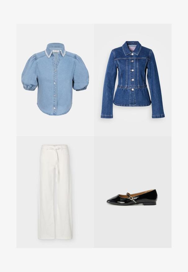 Jeansjacke mit tailliertem Schnitt, langen Ärmeln, Kragen und silbernen Knöpfen. Verfügt über eine dunkelblaue Waschung und strukturierte Nähte.; Hellblaues Denim-Hemd mit kurzen Ärmeln, puffierten Ärmeln, einem mit Spitze verzierten Kragen und durchgehender Knopfleiste. Weicher Stoff mit abgerundetem Saum.; Weiße Hosen mit weitem Bein, vorn mit Taschen und einem gebundenen Stoffgürtel in der Taille, auf einfarbigem Hintergrund dargestellt.; Schwarze Lackleder-Ballerinas mit spitzem Zehenbereich, einem Knöchelriemen mit goldfarbener Schnalle und niedrigem Blockabsatz. Glatte, glanzvolle Oberfläche.