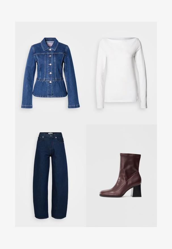 Veste en denim avec une taille cintrée, manches longues, col et boutons argentés. Présente une teinte bleu foncé et des coutures structurées.; Chemise blanche à manches longues en coton, avec un large col bateau et une silhouette ajustée. Texture lisse sans motifs ni accents visibles.; Jean large en denim bleu foncé. Doté d'une fermeture à bouton, de cinq poches et de coutures visibles. Texture lisse avec une coupe décontractée.; Botte de cheville en cuir bordeaux avec un bout carré et une cheville à côtes, présentant un talon bloc noir épais avec des rainures horizontales.