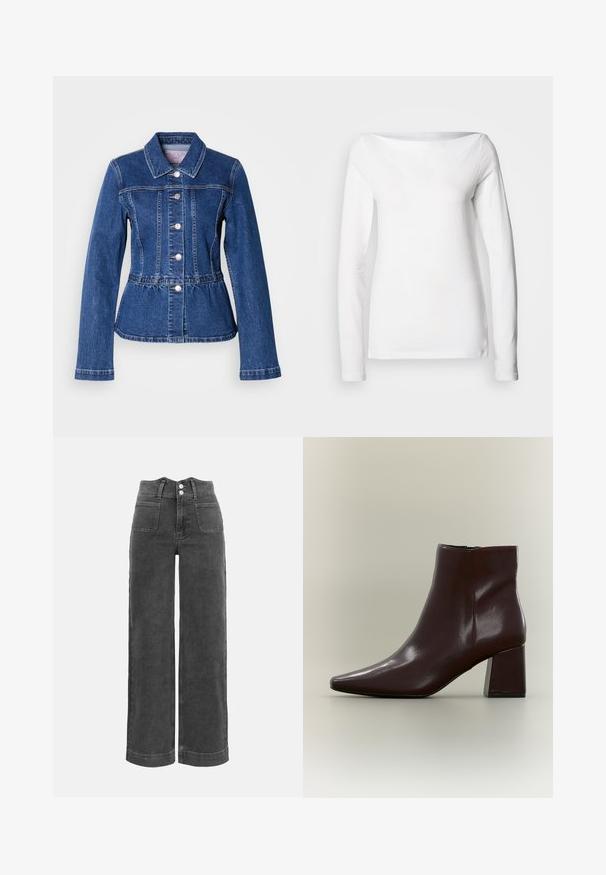 Veste en denim avec une taille cintrée, manches longues, col et boutons argentés. Présente une teinte bleu foncé et des coutures structurées.; Chemise blanche à manches longues en coton, avec un large col bateau et une silhouette ajustée. Texture lisse sans motifs ni accents visibles.; Pantalon en denim gris foncé à taille haute, coupe large, avec poches plaquées à l'avant et fermeture à double bouton.; Bottine en cuir marron foncé avec talon bloc carré et fermeture éclair latérale sur fond neutre.