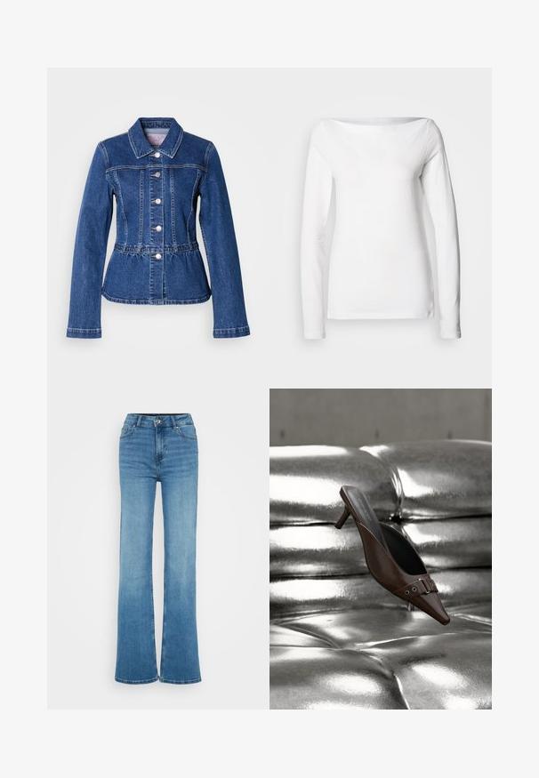Denimjakke med figursyet talje, lange ærmer, krave og sølvfarvede knapper. Har en mørkeblå vask og strukturerede syninger.; Langærmet, hvid, bomuldsskjorte med bred bådudskæring og en figursyet silhuet. Glat tekstur uden synlige mønstre eller accenter.; Lys blå cowboybukser med høj talje, vide ben, knaplukning foran, lynlås og lommer foran og bagpå.; Brun spids tå hæl mule med spænde detalje svævende over en skinnende sølv tuftet læderoverflade.