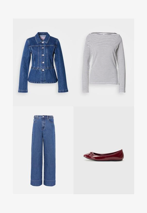 Chaqueta vaquera con cintura entallada, mangas largas, cuello y botones plateados. Presenta un lavado azul oscuro y costuras estructuradas.; Top de manga larga con rayas verticales azules marinas sobre un fondo blanco, con cuello barco y silueta entallada. Hecho de tela suave.; Vaqueros de mezclilla azul de pierna ancha con cinturilla trenzada, botón frontal y bolsillos, exhibidos sobre fondo liso.; Bailarina en charol burdeos brillante, con punta redondeada y pequeño lazo en la parte frontal. Textura suave, tacón bajo.