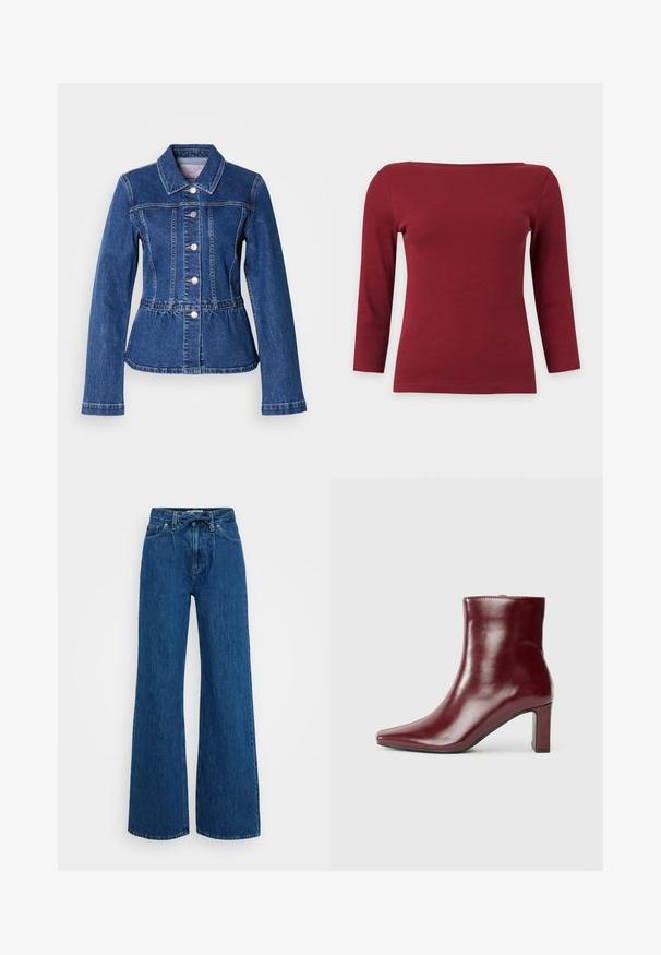 Denimjakke med figursyet talje, lange ærmer, krave og sølvfarvede knapper. Har en mørkeblå vask og strukturerede syninger.; Enkelt mørkerødt ribstrikket top med lange ærmer, bred bådudskæring og tætsiddende silhuet på lysegrå baggrund.; Højtaljede blå denimjeans med brede ben, forlommer, bæltestropper og et bundet stofbælte i taljen mod en ensfarvet baggrund.; Bordeauxfarvet læderankelstøvle med spids tå og blokhæl. Glat tekstur med en strømlinet silhuet og rene linjer.