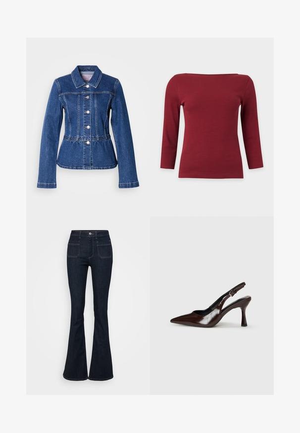 Jeansjacke mit tailliertem Schnitt, langen Ärmeln, Kragen und silbernen Knöpfen. Verfügt über eine dunkelblaue Waschung und strukturierte Nähte.; Schlichtes dunkelrotes, geripptes Langarmtop mit weitem U-Boot-Ausschnitt und figurbetonter Silhouette auf hellgrauem Hintergrund.; Dunkelblaue Schlagjeans aus Denim mit hoher Taille, fünf Taschen und Kontrastnähten an den Nähten. Glatte Textur.; Braune lackleder Slingback-Absätze mit spitzem Zehen, einem dünnen Absatz und einem verstellbaren Riemen mit einer kleinen Schnalle.