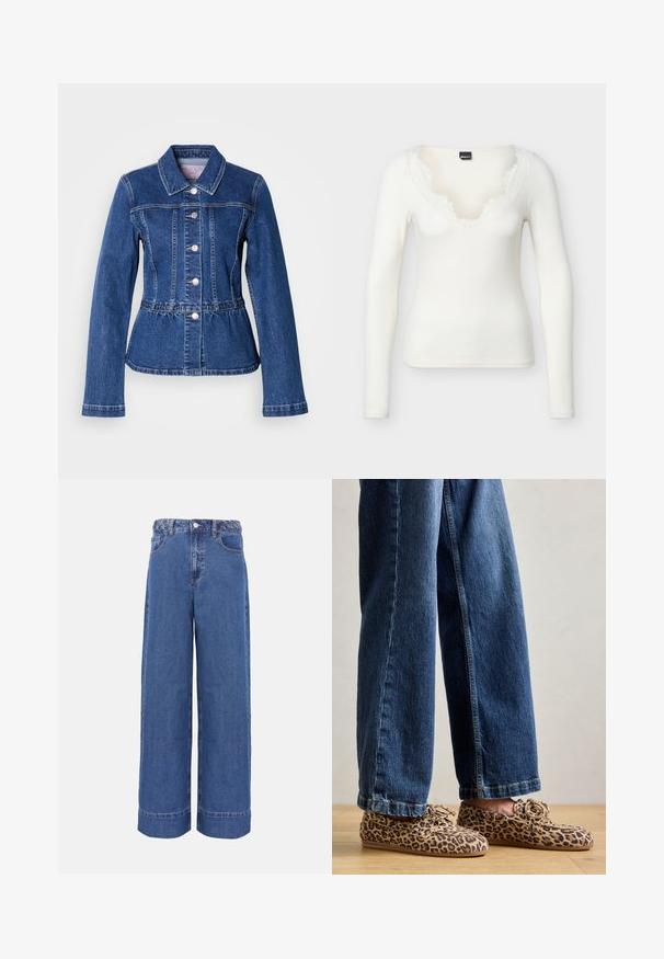 Spijkerjack met een getailleerde taille, lange mouwen, kraag en zilveren knopen. Voorzien van een donkerblauwe wassing en gestructureerde naden.; Wit geribd shirt met lange mouwen en een V-hals met rafelige randen, afgebeeld tegen een effen achtergrond.; Blauwe denim jeans met wijde pijpen, gevlochten tailleband, knopen aan de voorkant en zakken, weergegeven op een effen achtergrond.; Luipaardprint loafers van suede, met een ronde neus, vetersluiting en platte, flexibele zolen, gecombineerd met blauwe jeans.