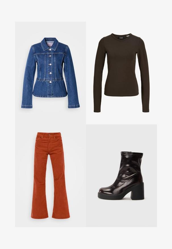 Veste en denim avec une taille cintrée, manches longues, col et boutons argentés. Présente une teinte bleu foncé et des coutures structurées.; T-shirt à manches longues moulant de couleur marron foncé avec col rond, design simple et texture de tissu lisse, présenté sur un fond blanc uni.; Pantalons en velours côtelé de couleur rouille, évasés avec une taille haute, cinq poches et une fermeture à bouton à l'avant. Texture douce et motif en velours côtelé visible.; Bottine noire brillante à talon bloc épais et bout rond, en cuir lisse avec des détails de couture subtils.