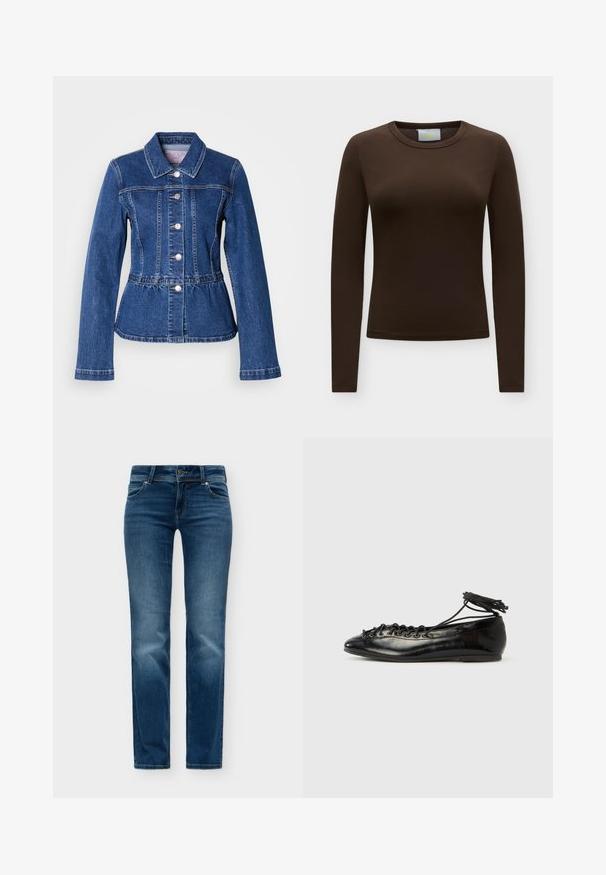 Veste en denim avec une taille cintrée, manches longues, col et boutons argentés. Présente une teinte bleu foncé et des coutures structurées.; Chemise ajustée à manches longues, brun foncé, col rond, sans motifs ni dessins visibles sur un fond uni.; Jean en denim bleu avec un design classique à cinq poches, fermeture par bouton et fermeture éclair, et légère décoloration sur les cuisses et les genoux avant.; Ballerines en cuir verni noir avec un bout rond, un design à lacets et une semelle plate. Texture lisse avec peu de détails.