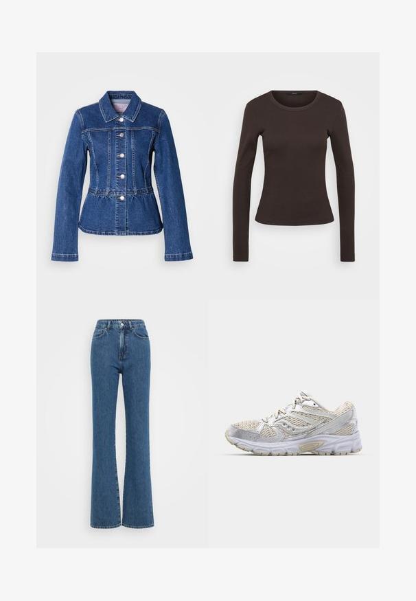Jeansjacke mit tailliertem Schnitt, langen Ärmeln, Kragen und silbernen Knöpfen. Verfügt über eine dunkelblaue Waschung und strukturierte Nähte.; Langärmliges braunes T-Shirt aus geripptem Stoff, mit Rundhalsausschnitt und tailliertem Schnitt.; Hochtaillierte blaue Denim-Jeans mit einem ausgestellten Bein-Design, ausgestattet mit einem Knopfverschluss, Steppdetails und Vordertaschen.; Leichte Laufschuhe mit einem weißen Mesh-Obermaterial und silbernen Akzenten, gepolstertem Sohlen und einem strukturierten Gummi-Außensohle für Grip.