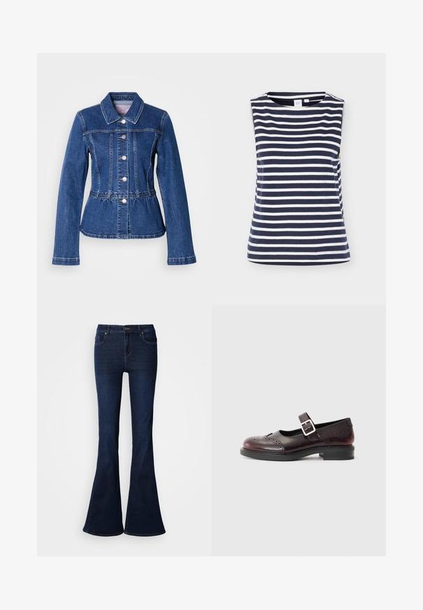 Jeansjacke mit tailliertem Schnitt, langen Ärmeln, Kragen und silbernen Knöpfen. Verfügt über eine dunkelblaue Waschung und strukturierte Nähte.; Ärmelloses navyblaue und weiße Top mit horizontalen Streifen und Rundhalsausschnitt, aus weichem Baumwollstoff, auf einfarbigem Hintergrund dargestellt.; Dunkelblaue, ausgestellt geschnittene Jeans mit hoher Taille, ausgestattet mit fünf Taschen und einem Reißverschluss vorne. Glatte Textur und klassisches Design.; Mary-Jane-Schuhe aus dunkelburgunderfarbenem Lackleder, mit gestanzten Details und einem geschnallten Riemen. Niedriger Blockabsatz, runde Zehenform.