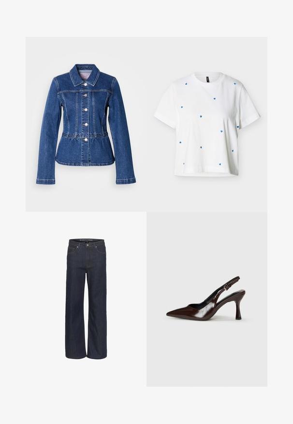 Denimjakke med figursyet talje, lange ærmer, krave og sølvfarvede knapper. Har en mørkeblå vask og strukturerede syninger.; Hvid T-shirt med korte ærmer og rund halsudskæring, med små blå hjerteprint spredt over forsiden og ærmerne.; Mørk denim brede bukser med høj talje, som har fem lommer, kontrastsyning og en rå kant nederst.; Brune patenterede læderslingback-sandaletter med spids tå, en tynd hæl og justerbar rem med en lille spænde.