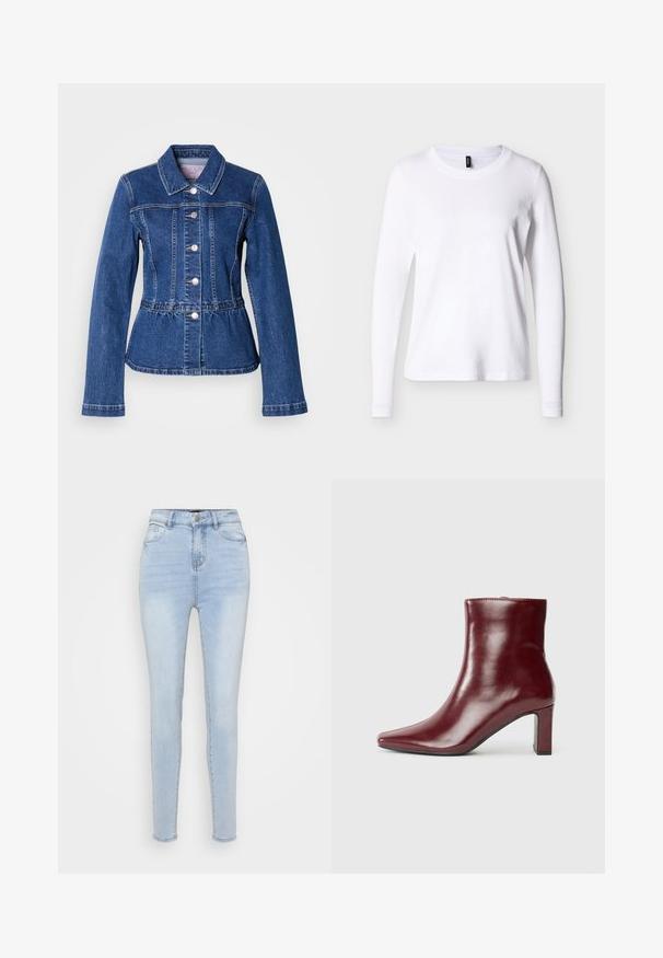 Veste en denim avec une taille cintrée, manches longues, col et boutons argentés. Présente une teinte bleu foncé et des coutures structurées.; T-shirt blanc à manches longues avec col rond, présenté sur un fond neutre, vue de face avec une étiquette noire au niveau du col.; Jean skinny en denim bleu clair avec une taille haute, un design à cinq poches et un léger délavage. Comprend une braguette zippée et une fermeture à bouton en métal.; Bottine en cuir bordeaux avec un bout pointu et un talon carré. Texture lisse avec une silhouette élégante et des lignes épurées.