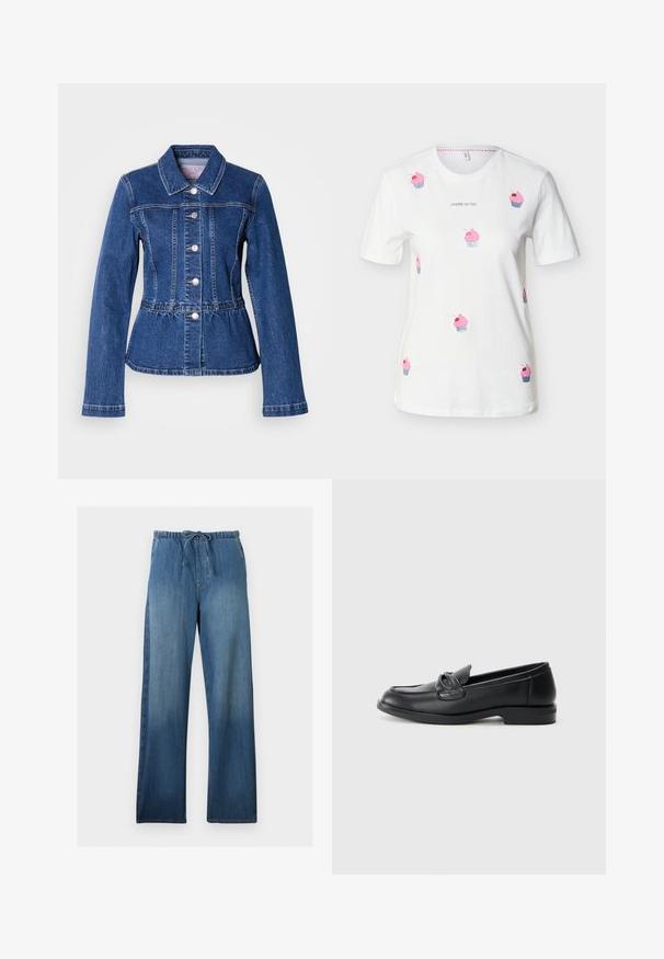 Veste en denim avec une taille cintrée, manches longues, col et boutons argentés. Présente une teinte bleu foncé et des coutures structurées.; T-shirt blanc à manches courtes avec des imprimés de cupcakes roses et le texte « CHERRY ON TOP » centré sur la poitrine.; Pantalon en denim bleu à jambes larges avec taille élastique et cordon, présentant un effet délavé sur le devant des jambes.; Mocassins en cuir noir avec un bout arrondi, un design cousu et un accent en nœud sur la tige. Talon bas et texture lisse.