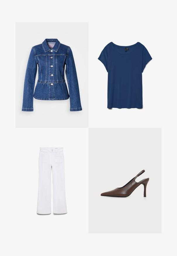 Veste en denim avec une taille cintrée, manches longues, col et boutons argentés. Présente une teinte bleu foncé et des coutures structurées.; Blouse bleu marine à manches courtes avec un large col rond et une coupe décontractée sur fond blanc.; Pantalon blanc taille haute à jambes larges avec poches plaquées devant, passants de ceinture et fermeture double bouton sur fond blanc uni.; Chaussure à talon haut slingback en cuir marron à bout pointu avec talon stiletto fin sur fond clair uni.