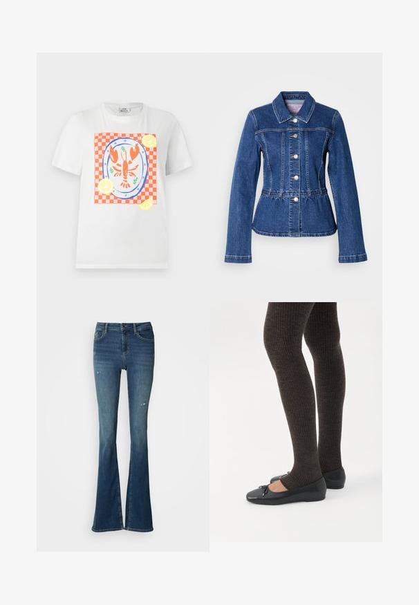 Veste en denim avec une taille cintrée, manches longues, col et boutons argentés. Présente une teinte bleu foncé et des coutures structurées.; T-shirt blanc à manches courtes avec un homard rouge sur une assiette, placé sur un tissu à carreaux rouge et blanc avec des tranches de citron autour.; Jean évasé en denim bleu délavé, avec poches avant, taille haute et détails usés avec coutures visibles.; Jambes portant des leggings côtelés foncés associés à des ballerines noires avec de petits détails en nœud sur fond blanc.