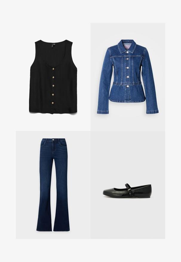 Chaqueta vaquera con cintura entallada, mangas largas, cuello y botones plateados. Presenta un lavado azul oscuro y costuras estructuradas.; Blusa negra sin mangas con un profundo escote en V, con botones dorados en la parte delantera y un tejido suave y ligero.; Vaqueros de mezclilla azul oscuro con diseño acampanado en las perneras, bolsillos delanteros y cierre con botón en la cintura.; Bailarinas de cuero negro con punta redondeada, suela plana y una delgada correa ajustable en el empeine que cuenta con una hebilla de metal.
