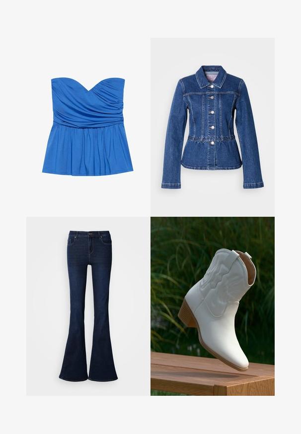 Veste en denim avec une taille cintrée, manches longues, col et boutons argentés. Présente une teinte bleu foncé et des coutures structurées.; Top peplum sans bretelles bleu en tissu lisse, présentant un décolleté en cœur et des détails froncés au niveau de la poitrine et de la taille.; Jean denim bleu foncé évasé à taille haute, avec cinq poches et une fermeture éclair à l'avant. Texture lisse et design classique.; Botte de cowboy blanche en cuir mi-mollet avec coutures décoratives et talon empilé en bois, posée sur une surface en bois à l'extérieur.