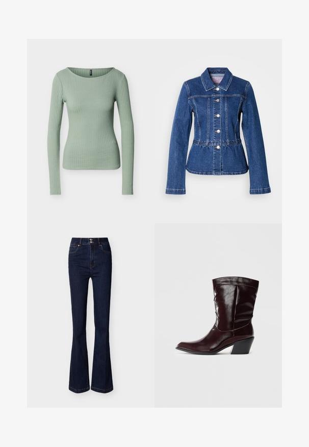 Veste en denim avec une taille cintrée, manches longues, col et boutons argentés. Présente une teinte bleu foncé et des coutures structurées.; Haut ajusté à manches longues côtelé de couleur vert clair avec un col rond, présenté sur un fond blanc uni.; Jean en denim bleu foncé taille haute avec jambes évasées, poches avant et fermeture à double bouton à la taille.; Bottines en cuir bourgogne avec un bout pointu, une surface texturée et un petit talon effilé. Présente une couture discrète et un ajustement confortable.