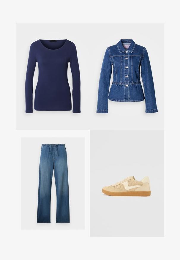 Chaqueta vaquera con cintura entallada, mangas largas, cuello y botones plateados. Presenta un lavado azul oscuro y costuras estructuradas.; Camiseta de manga larga en color navy, hecha de material suave, con un escote redondo y un diseño ajustado. Sin patrones ni acentos visibles.; Pantalones vaqueros de pierna ancha en azul con cintura elástica y cordón, con efecto desgastado en la parte delantera.; Zapatillas beige con materiales de ante y malla, forma redondeada, cuello acolchado prominente y suela de goma. Presenta un diseño en forma de ola como acento.