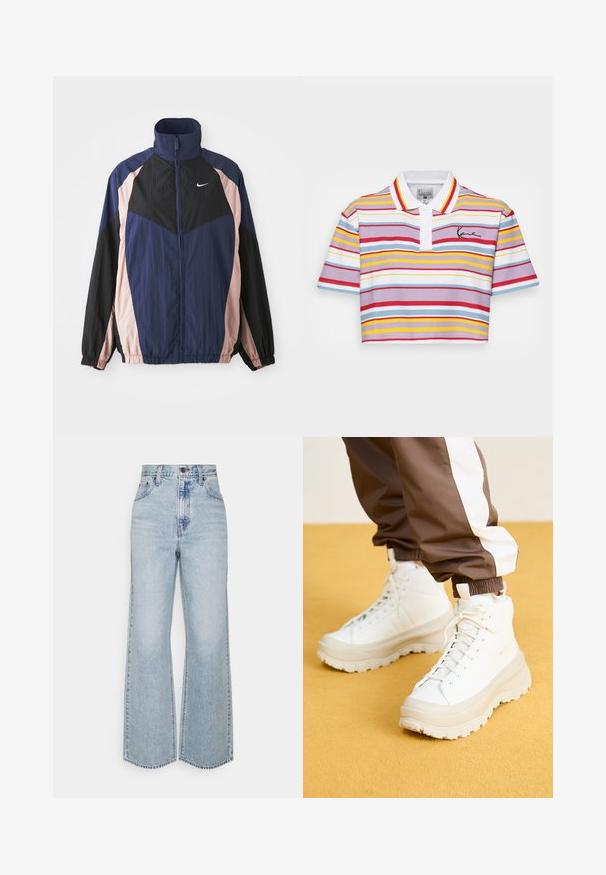 Vindjakke med høj krave, letvægtsstof og farveblokeret design i marineblå, sort og lys pink med elastiske manchetter.; Polo T-shirt i hvid med vandrette striber i rød, gul, blå og lavendel. Har krave og korte ærmer.; Lysblå denim brede ben jeans med høj talje, klassisk fem-lomme design og kontrasterende syninger. Uslebne kanter i bunden.; Hvide højtop sneakers med en kraftig, tekstureret sål, der har en glat overdel, rund tå og tonede snørebånd, placeret mod en gul baggrund.