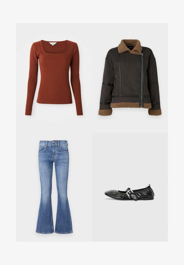 Brun faux suede jakke med shearling krave og manchetter, prydet med sorte læderdetaljer og en frontlynlås. Struktureret overflade, cropped design.; Rustrød ribbet langærmet bluse med firkantet udskæring, tætsiddende silhuet og et lille mærke ved kraven.; Bredde blå denimjeans med mellem høj talje, fem lommer og en lys vask. Har subtil falming og kontrasterende syninger.; Sorte læder flade sko med spids tå, samling detaljer omkring åbningen, og en sølv spænde accent på den justerbare rem.