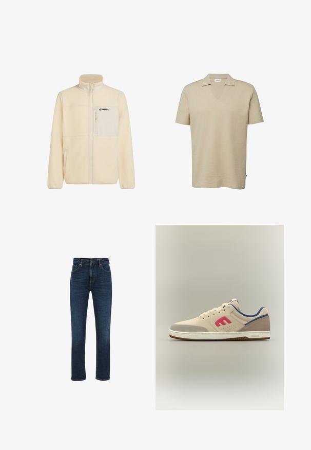 Crème-kleurige fleecejack met volledige rits aan de voorkant, ritszak op de borst, zijzakken en O'Neill-logo op de borstzak.; Beige polo met korte mouwen, gestructureerde stof en een V-hals.; WE Fashion BLUE RIDGE - Straight leg jeans - dark blue; Beige lage sneaker met rood "E"-logo, blauwe voering, witte zool en een beige tot grijs verlopend teenstuk.