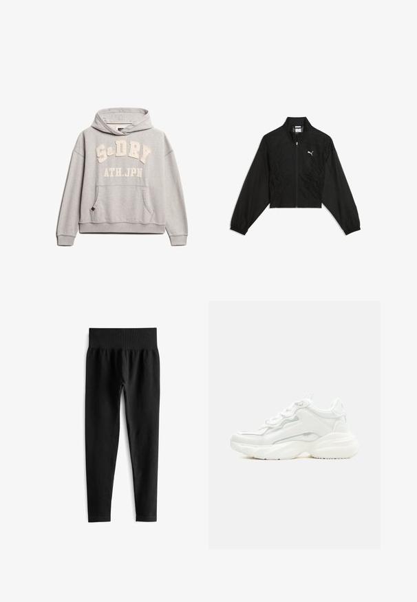 Sort cropped jakke lavet af letvægtsstof, med lynlås, sidesamlinger med rynkning og elastiske ærmekanter. Hvidt logo på brystet.; Superdry & Co ATHLETIC ESSENTIALS - Hættetrøje - grey marl; Sorte ribbede leggings med en bred, elastisk talje. Stoffet ser strækbart og struktureret ud og slutter lige over anklen.; Hvid chunky sneaker med tyk sål, snørelukning foran og glat syntetisk overdel med subtile syningsdetaljer.