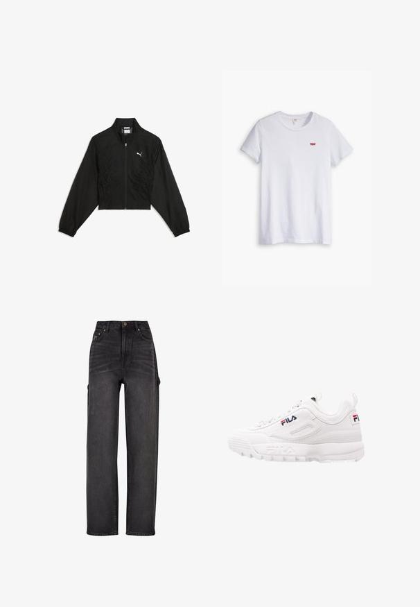 Chaqueta negra corta hecha de tela ligera, con cierre de cremallera, fruncido lateral y puños elásticos. Logo blanco en el pecho.; Camiseta de algodón blanca de manga corta y escote redondo. Presenta un pequeño logo rojo de Levi's en la zona del pecho izquierdo.; Jeans cargo de tiro alto en denim negro con diseño de pierna ancha, bolsillos laterales y sutiles detalles de desvanecimiento. Tela duradera y costuras en contraste.; Zapatilla deportiva blanca con un collar acolchado, parte superior de malla y cuero sintético, detalle del logo en rojo y azul marino, y una suela gruesa de goma.
